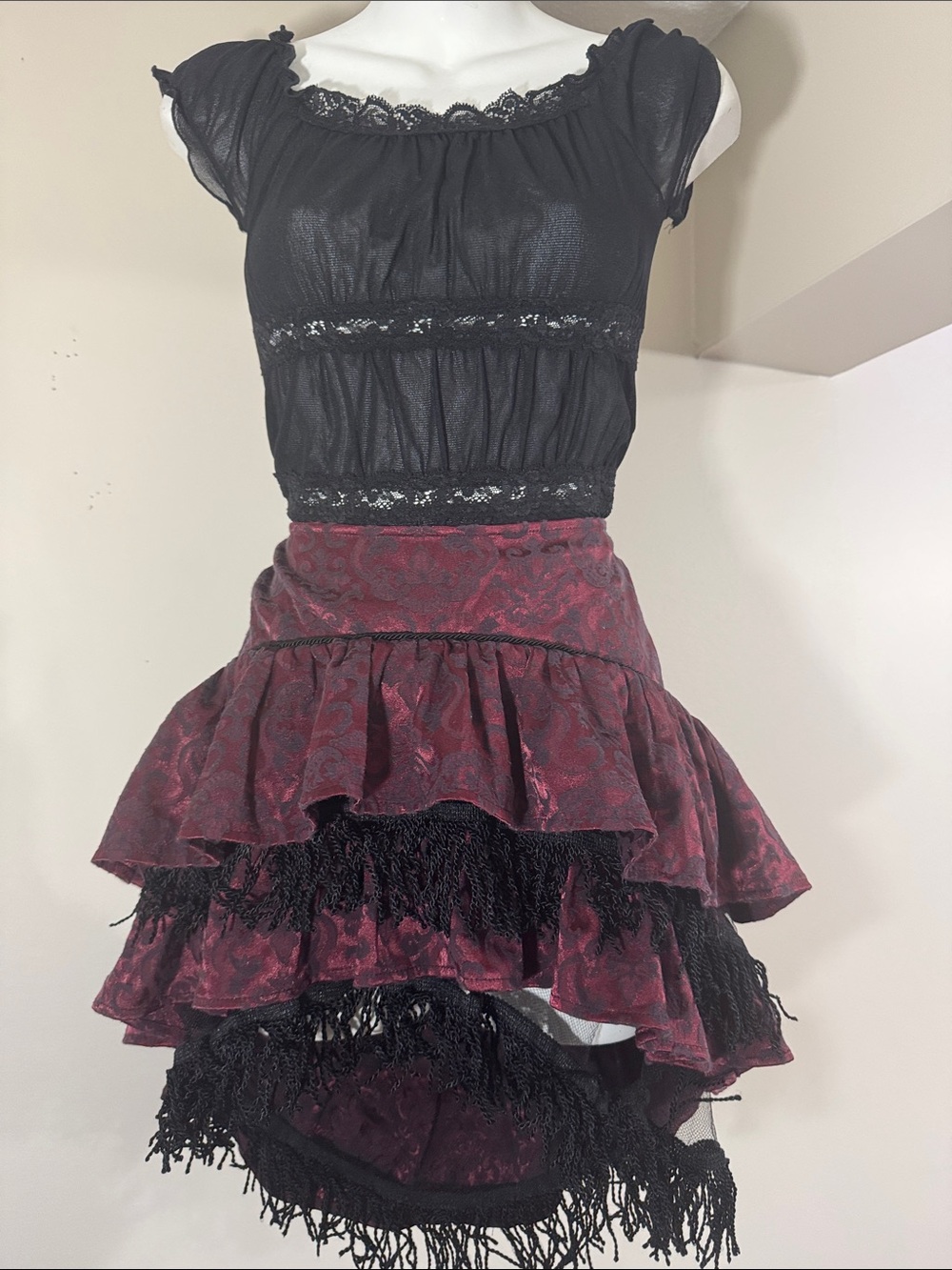 Vintage Lip Service Burgundy Paisley High-Low Ruffled Mini Skirt with Black Lace